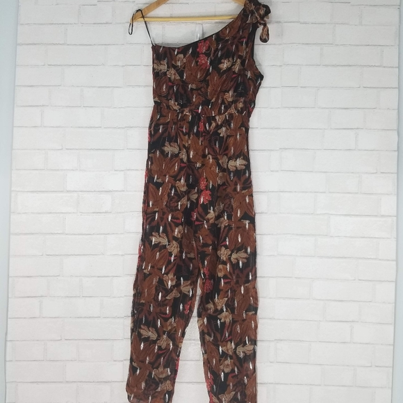 Anthropologie Sz 2 Maeve Kyoto Metallic Floral Jumpsuit Brown One Shoulder Crepe - Picture 2 of 12